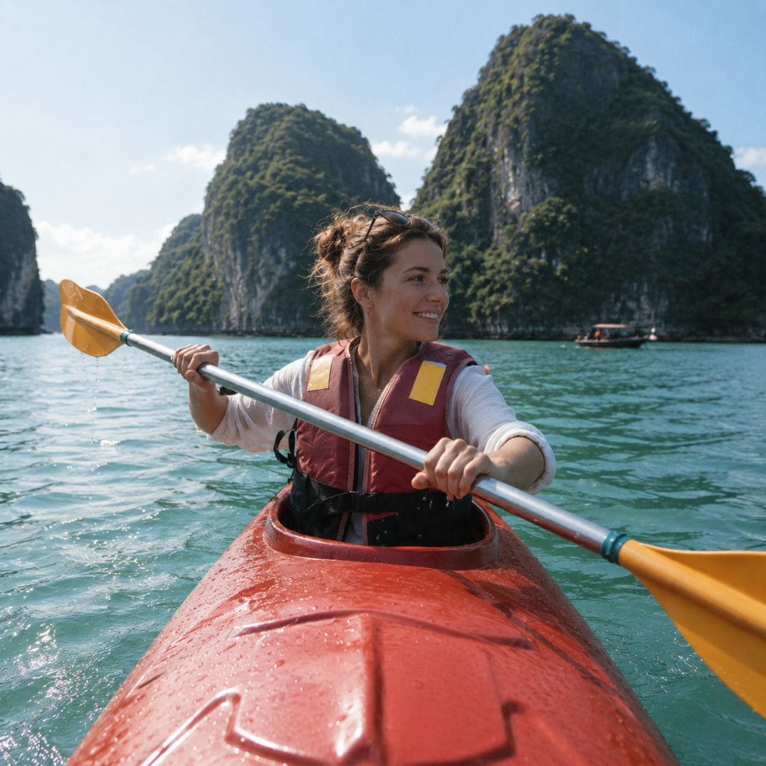 Croisière en baie de Tu Long - kayak au cap La et coucher de soleil sur la jonque, Vietnam